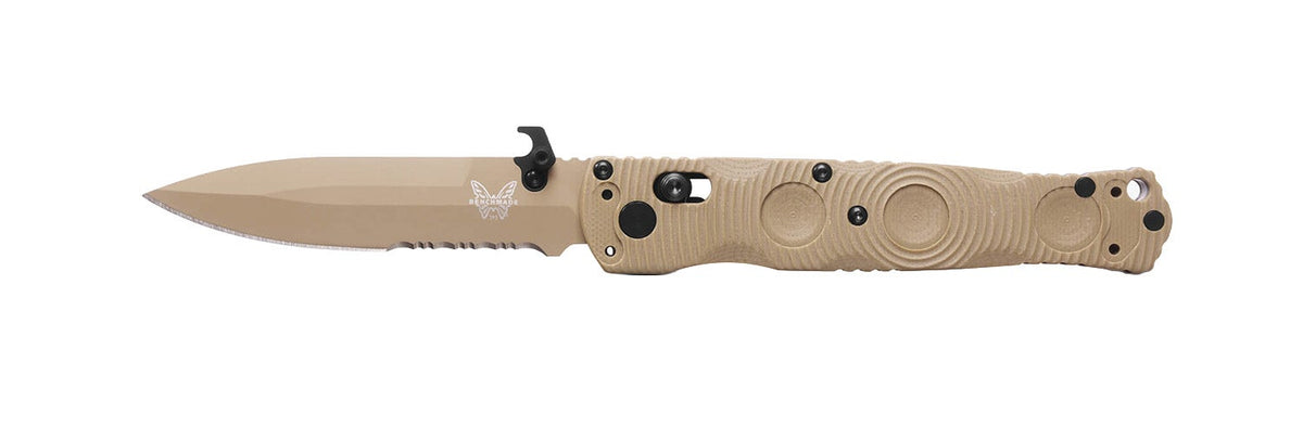 Benchmade 393SSN-01 Mini SOCP Folder sandfarvet taktisk foldekniv med CPM-S30V spear-point blad i Flat Earth Cerakote og G10-skæfte