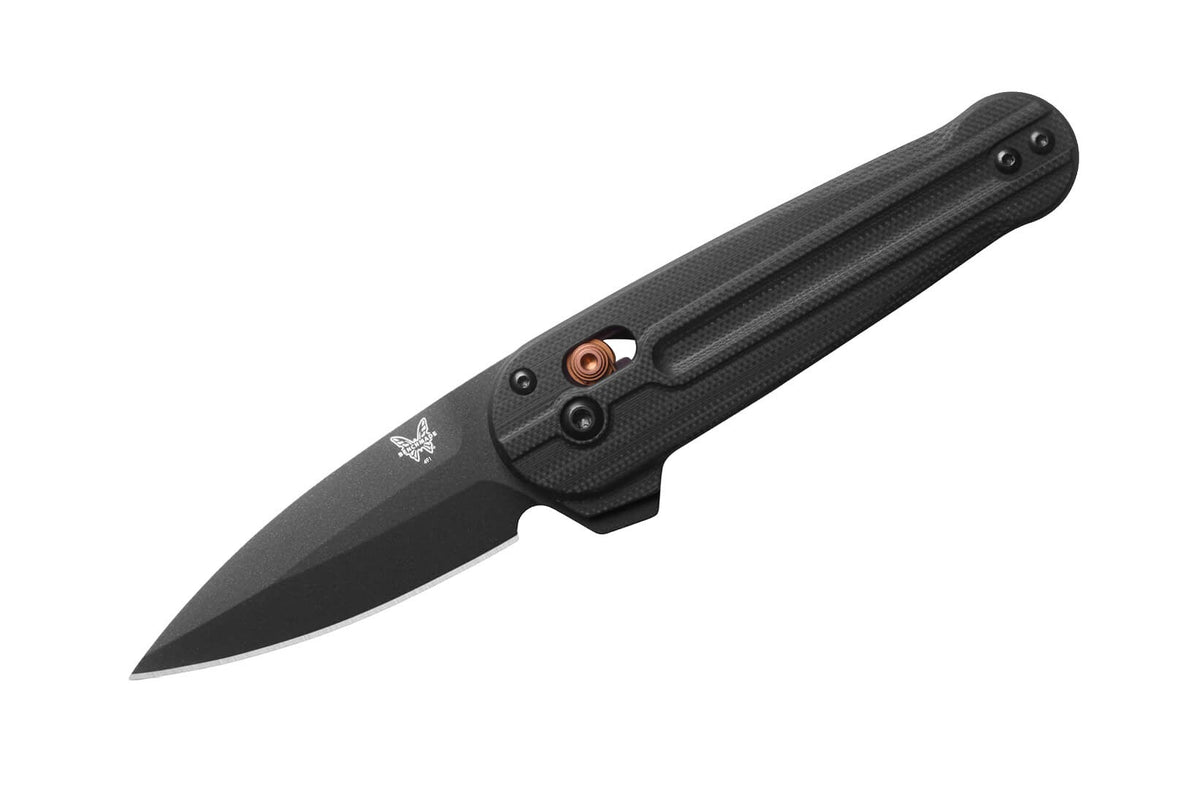 Benchmade 491BK-02 Lowden helsort foldekniv med CPM-S90V spear-point blad, sort G10-skæfte og Burnt Copper-detaljer
