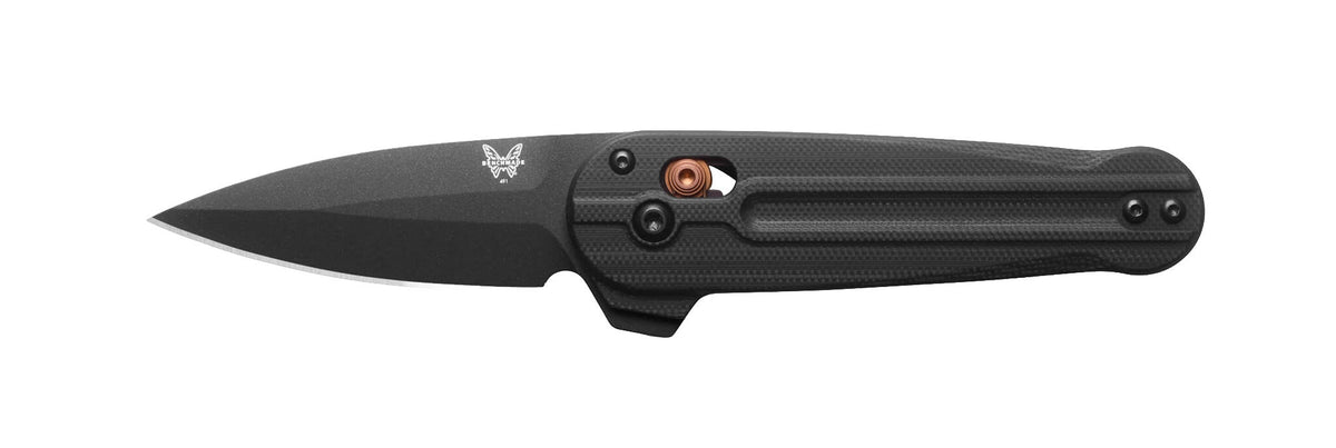 Benchmade 491BK-02 Lowden helsort foldekniv med CPM-S90V spear-point blad, sort G10-skæfte og Burnt Copper-detaljer