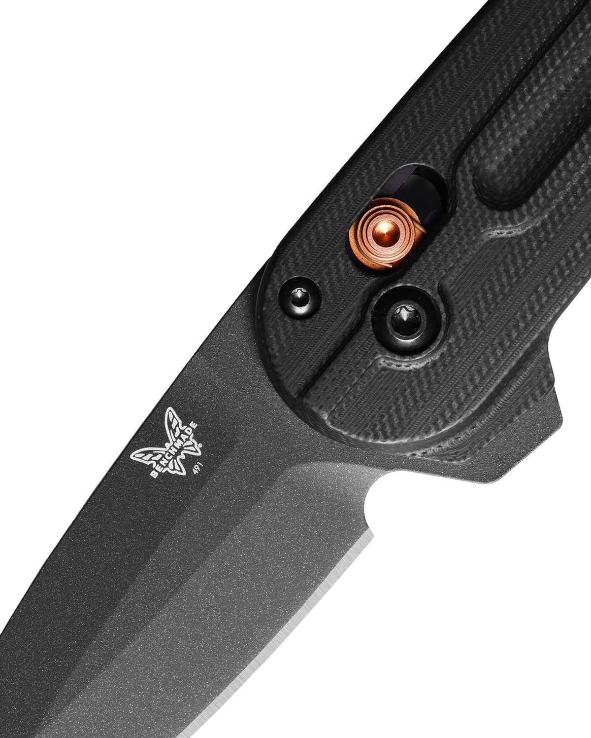 Benchmade 491BK-02 Lowden helsort foldekniv med CPM-S90V spear-point blad, sort G10-skæfte og Burnt Copper-detaljer