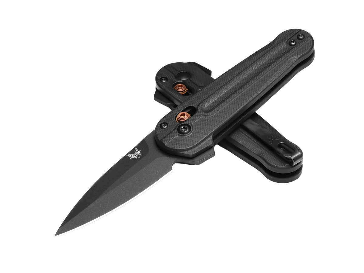 Benchmade 491BK-02 Lowden helsort foldekniv med CPM-S90V spear-point blad, sort G10-skæfte og Burnt Copper-detaljer