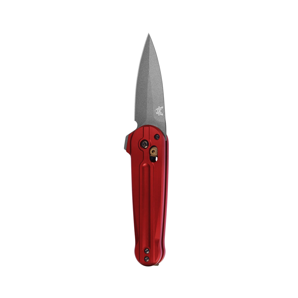 Benchmade 491GY-01 Lowden foldekniv med satin M390 spear point-blad og skæfte i Phoenix Red anodiseret aluminium