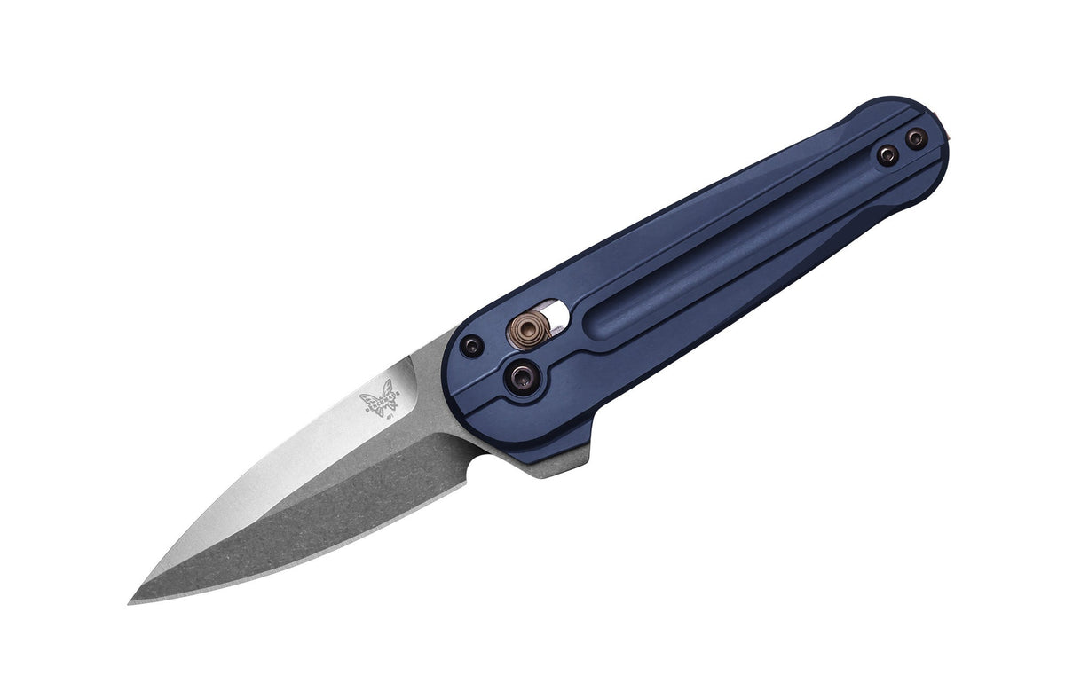 Benchmade 491 Lowden foldekniv med satin M390 spear point-blad og skæfte i Crater Blue anodiseret aluminium
